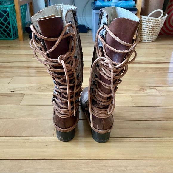 Freebird Reese Brown and Cream Leather Tall Lace Back Knee Height Boots - Picture 5 of 10